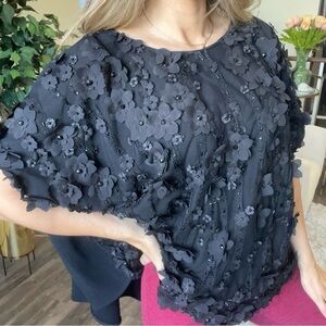 Talbot Runhof Kabori 6 High Low Beaded Floral Embroidered Blouse Top Black XL